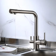 Modern brushed stainless steel dual handle kitchen filter faucet with sleek curved spout for efficient use