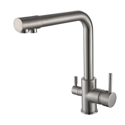 Modern brushed stainless steel dual handle kitchen filter faucet with sleek curved spout and two vertical handles