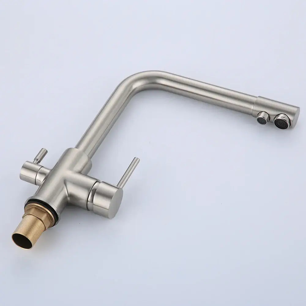 Modern brushed stainless steel kitchen filter faucet with dual handle and sleek curved spout for precise water control