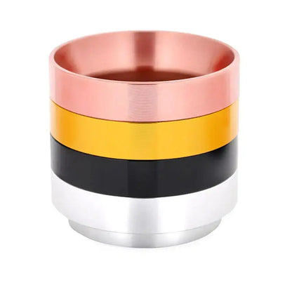 Modern brushed stainless steel espresso dosing ring with a four-tiered tamper in rose gold yellow black and silver colors