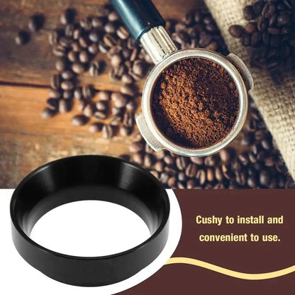Black metal portafilter adapter ring dosing ring for decorbites espresso dosing in a modern kitchen tool setup