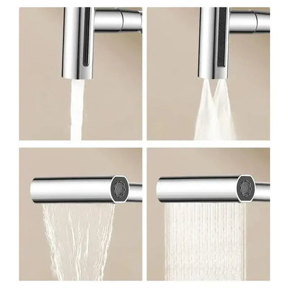 Modern brushed stainless steel kitchen faucet with chrome finish pull-down sprayer and multiple spray settings