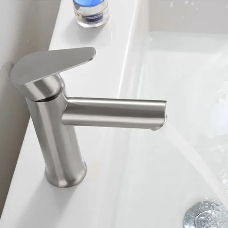 Modern brushed stainless steel single handle faucet with sleek minimalist design for bathroom basin use