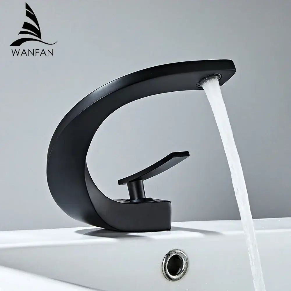 Black matte-finish decorbites basin faucet with sleek curved design in modern brushed stainless steel for bathroom use