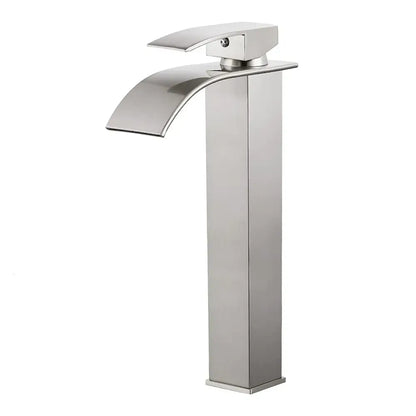Modern brushed stainless steel basin faucet with sleek minimalist design featuring brass waterfall basin style for bathroom decorbites