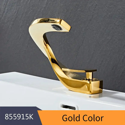 Modern brushed stainless steel waterfall basin faucet in gold with a curved spout design for decorbites basin faucet