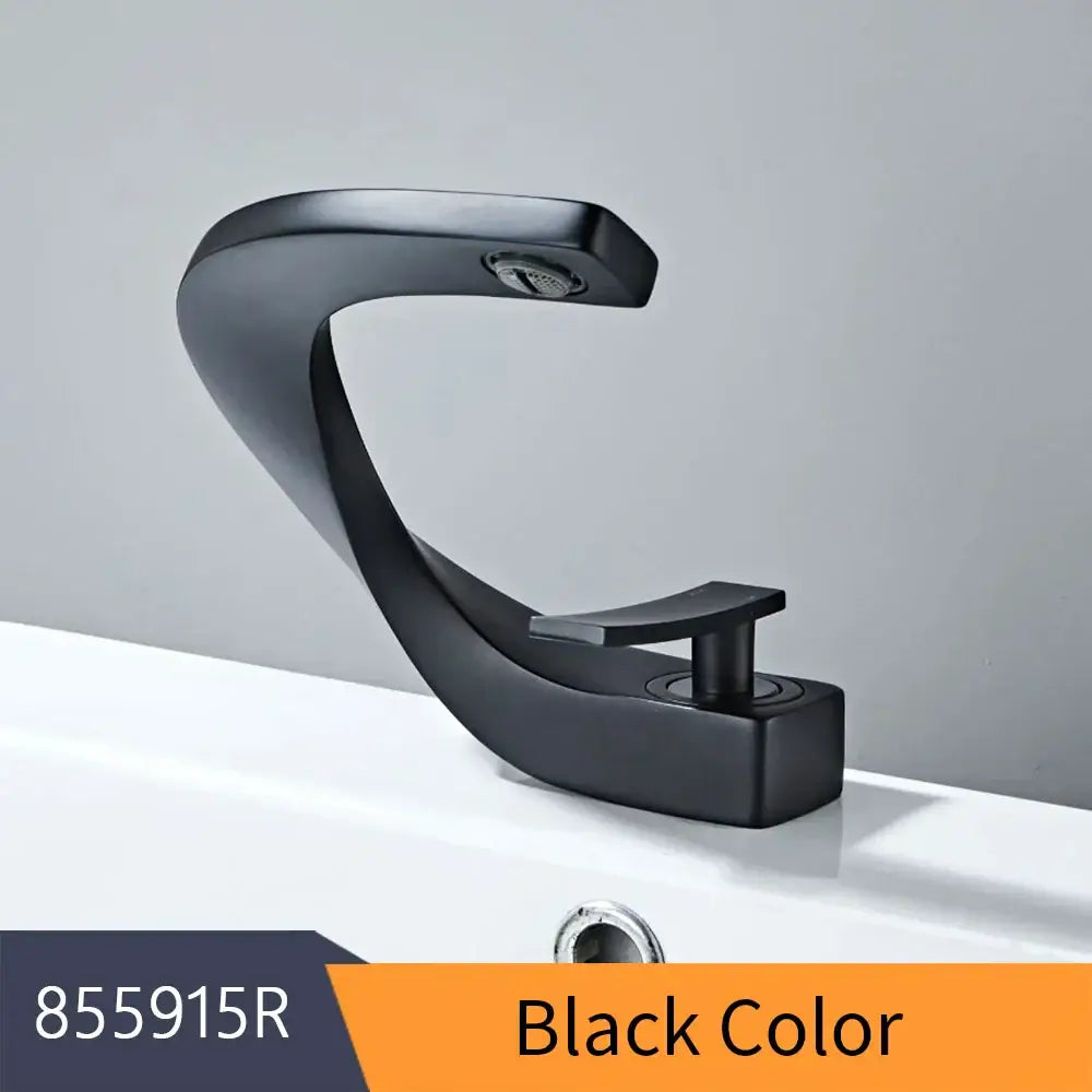 Black matte decorbites basin faucet with sleek curved design in modern brushed stainless steel waterfall style