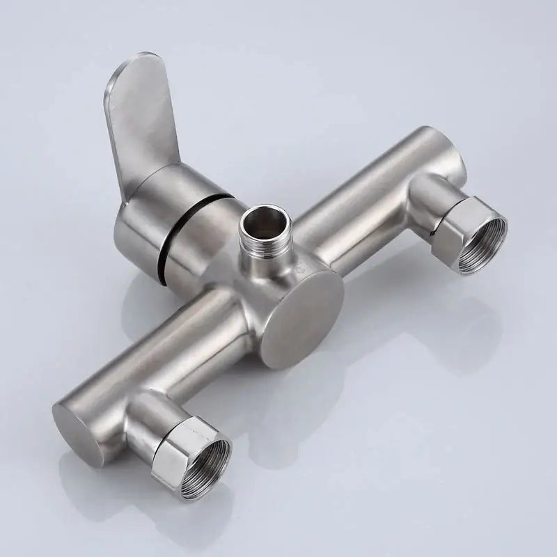 Stainless steel shower valve with sleek modern design and three threaded outlets for a brushed stainless steel bathroom mixer