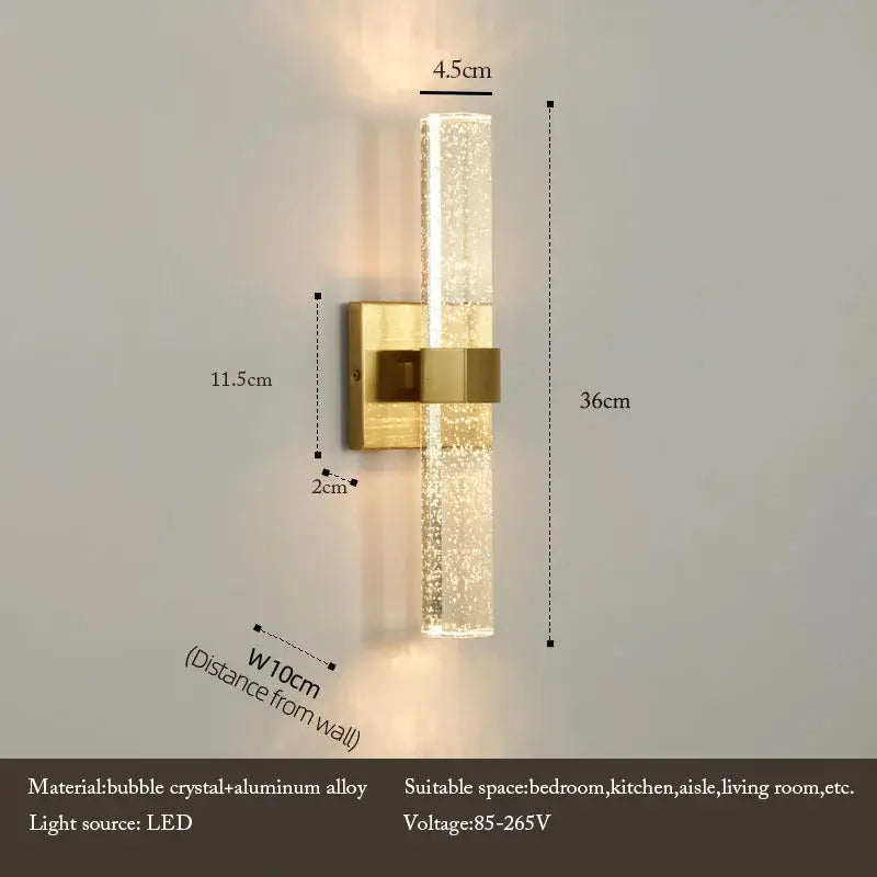 Modern gold-toned wall sconces with cylindrical bubble crystal led diffuser and aluminum alloy bracket for bathroom mirrors decorbites bubble crystal