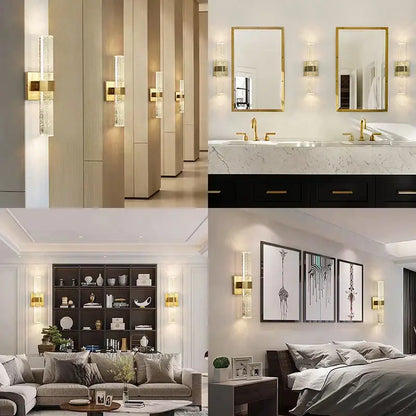 Modern bubble crystal led wall sconces feature gold accents and clear textured glass panels for bathroom mirrors decorbites bubble crystal