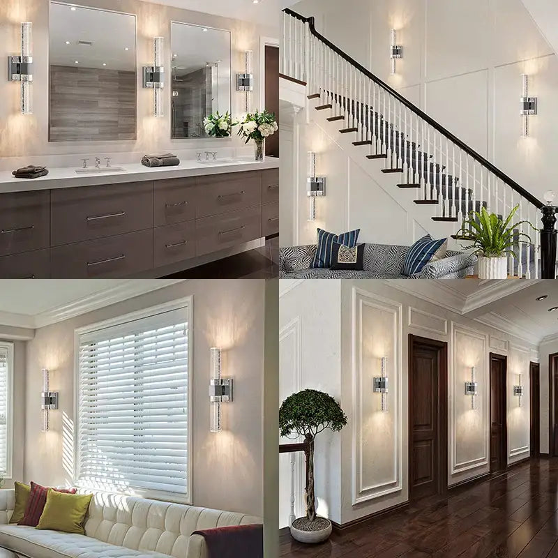 Modern bubble crystal led wall sconces with sleek silver metallic frame and clear crystal accents for bathroom mirrors decorbites bubble crystal