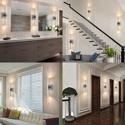 Modern bubble crystal led wall sconces with sleek silver metallic frame and clear crystal accents for bathroom mirrors decorbites bubble crystal
