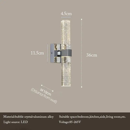 Modern bubble crystal led wall sconce with sparkling cylinder and sleek aluminum alloy bracket for bathroom mirror decorbites wall sconces