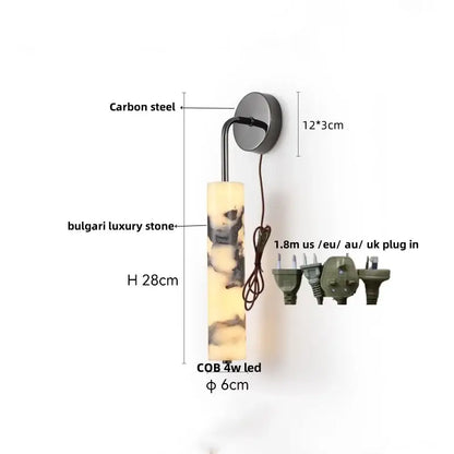 A sleek 28cm wall light with polished cream and dark veined bulgari stone led on a carbon steel arm by decorbites