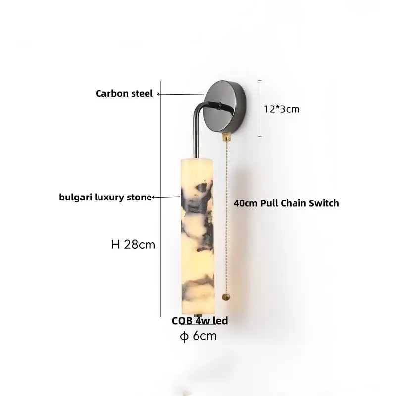 A sleek modern bulgari stone led wall light with cream and dark veining on carbon steel decorbites bulgari stone hardware