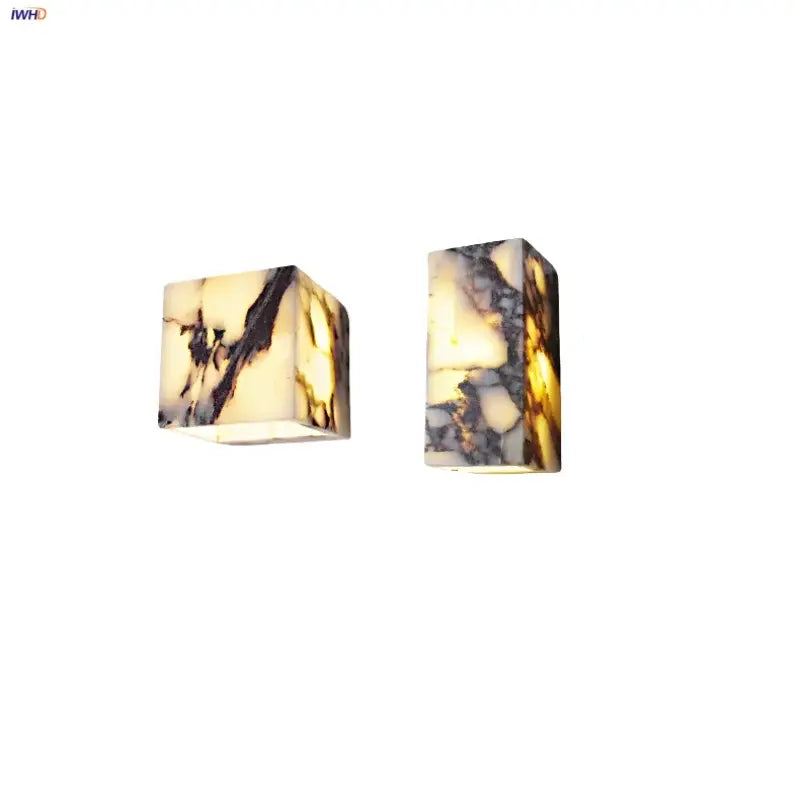 Two rectangular modern bulgari stone led wall lights with alabaster finish and amber veining for bedroom decorbites decor