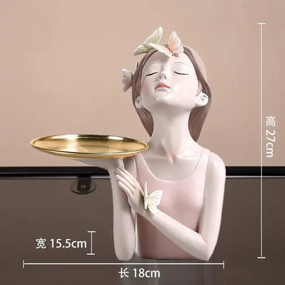 Delicate pink butterfly girl resin sculpture with white and peach butterflies holding golden tray for living room decorbites butterfly girl