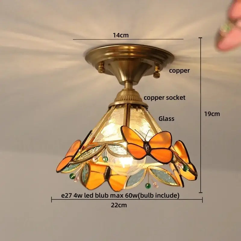 Modern butterfly glass tiffany ceiling light with copper and brass frame featuring orange yellow and green stained-glass butterflies