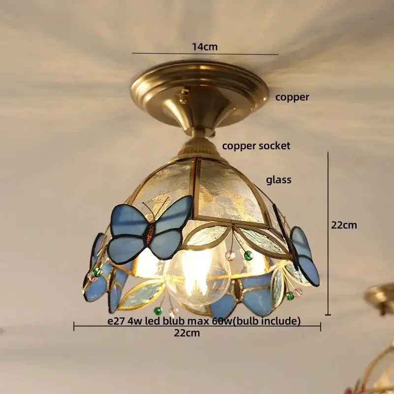 Modern butterfly glass tiffany ceiling light with copper base and blue stained-glass butterflies for bedroom decorbites butterfly glass