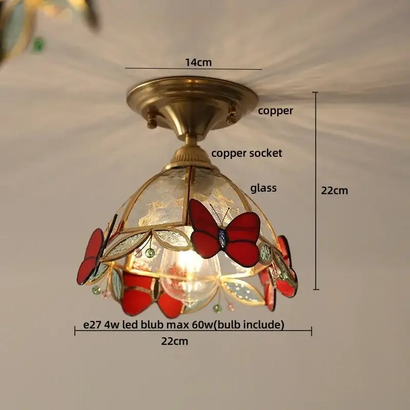 Modern butterfly glass tiffany ceiling light with red stained-glass butterflies and copper leaf motifs for bedroom decorbites butterfly glass