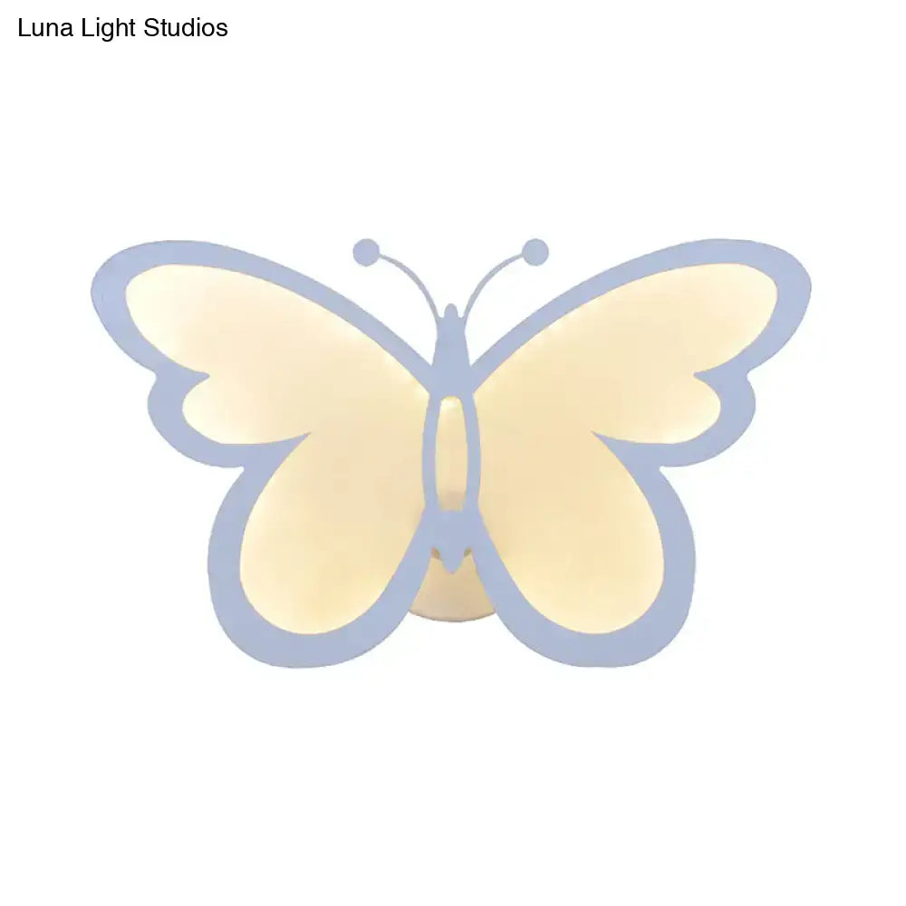 Modern butterfly led wall lamp with soft cream acrylic butterfly shape and lavender outline for bedroom use with maximum bulb wattage