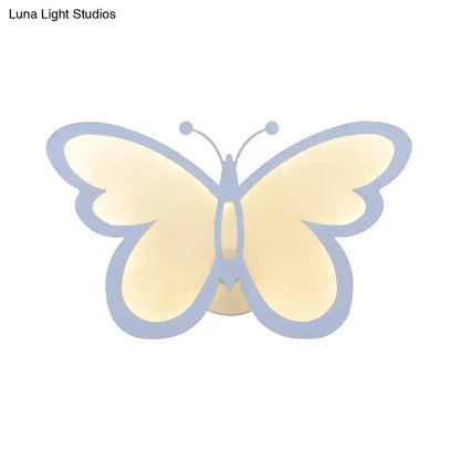 Modern butterfly led wall lamp with soft cream acrylic butterfly shape and lavender outline for bedroom use with maximum bulb wattage