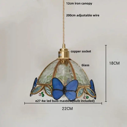 Modern butterfly pink led pendant lamp featuring a blue butterfly stained glass decorbites butterfly pink design with brass frame