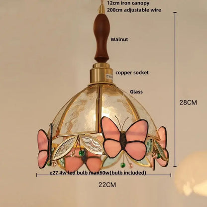 Modern butterfly pink led pendant lamp with stained glass butterfly motifs, walnut canopy, and copper socket decorbites butterfly pink