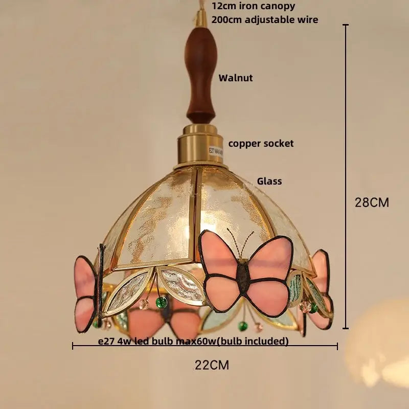 Modern butterfly pink led pendant lamp with stained glass butterfly motifs, walnut canopy, and copper socket decorbites butterfly pink
