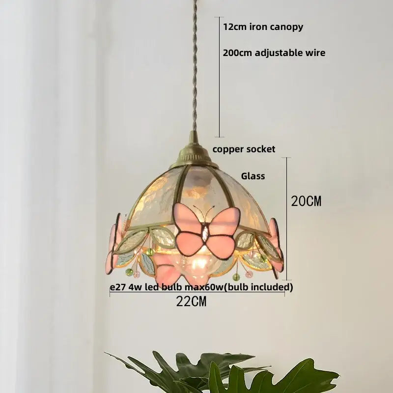 Modern butterfly pink led pendant lamp featuring a delicate stained glass butterfly design with copper socket decorbites butterfly pink