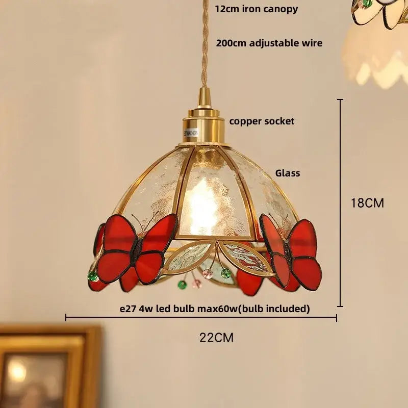 Modern butterfly pink led pendant lamp with brass iron canopy and stained glass butterflies for bedroom decor
