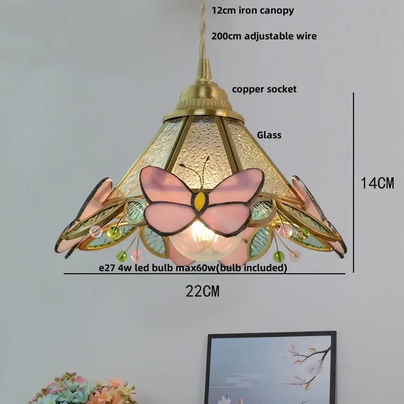 Modern butterfly pink led pendant lamp with delicate pink stained glass butterfly design brass iron canopy and copper socket decorbites butterfly pink