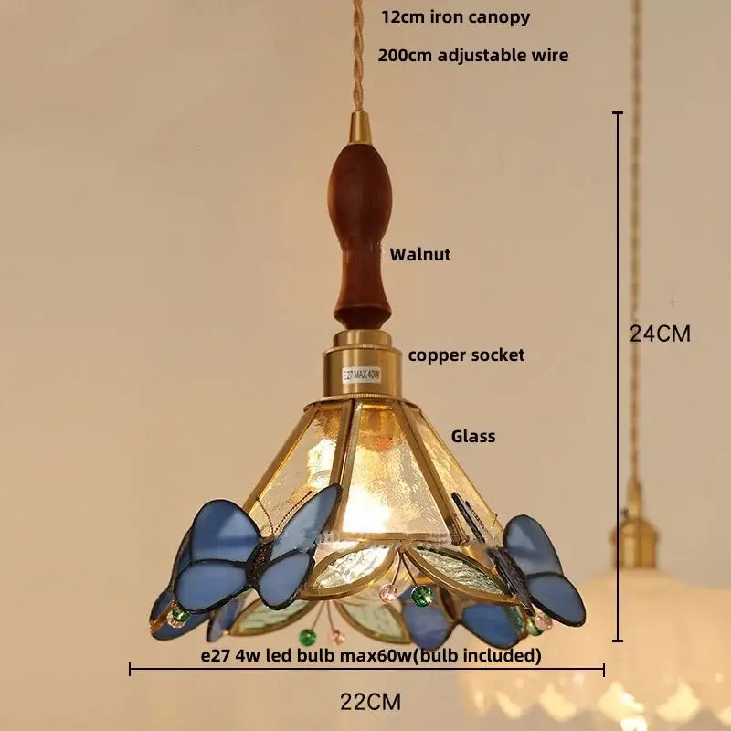 Modern butterfly pink led pendant lamp with stained glass butterfly pink decorbites and walnut-finished iron canopy