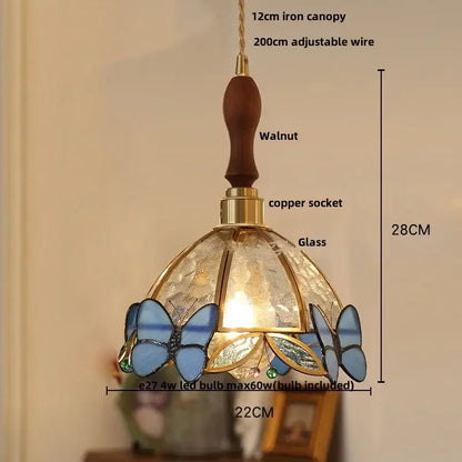 Modern butterfly pink led pendant lamp with walnut iron canopy copper socket and blue butterfly glass shade decorbites butterfly pink