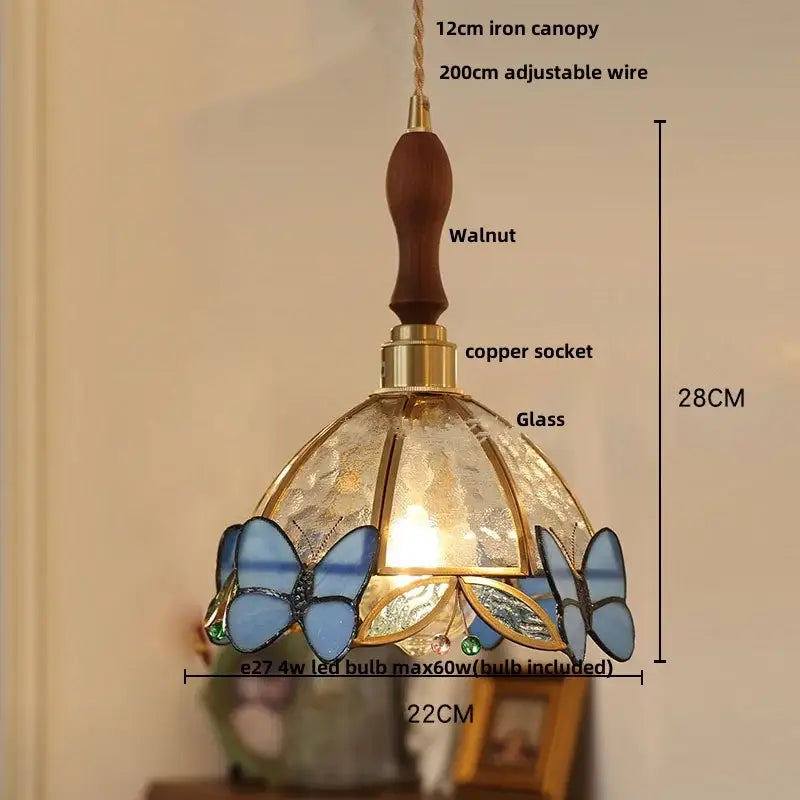 Modern butterfly pink led pendant lamp with walnut iron canopy copper socket and blue butterfly glass shade decorbites butterfly pink