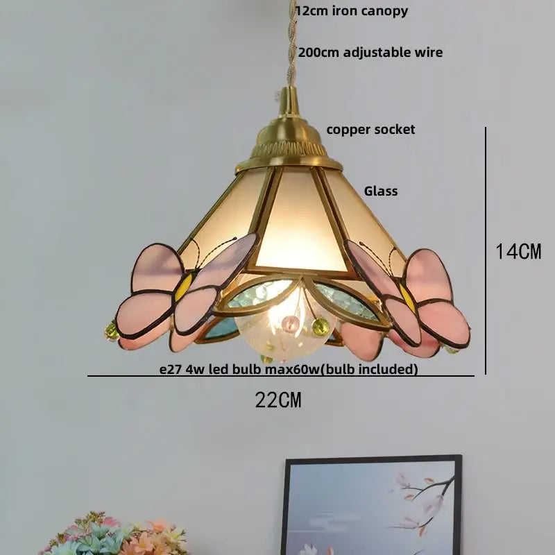 Delicate pink and green stained glass pendant lamp with brass iron canopy and copper socket decorbites butterfly pink led decor