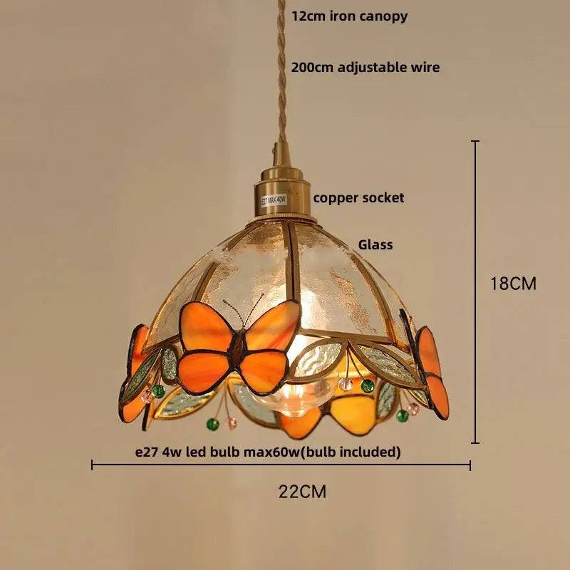 Modern butterfly pink led pendant lamp with vibrant orange yellow butterfly motifs in stained glass decorbites butterfly pink design