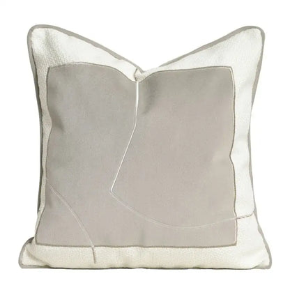 Modern square pillow with cappuccino tone geometry embroidery in light gray and off-white for decorbites living room decor