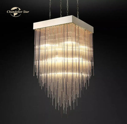 Modern cascada led glass chandelier with white metal frame and cascading glass rods creating warm golden glow for dining room
