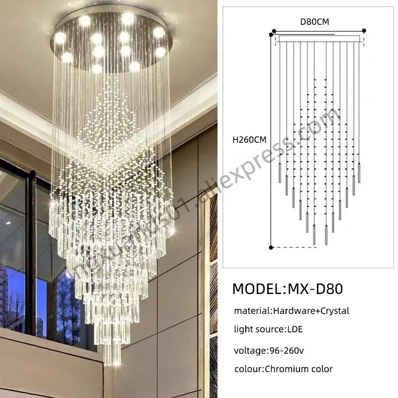 Modern cascading decorbites crystal chandelier mx-d80 with chrome finish and multi-tiered cascading crystal strands for living room