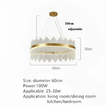 Modern gold-toned crystal pendant chandelier with cascading strands and circular accent ring for dining room decorbites decor