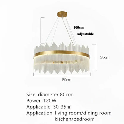 Gold-toned modern crystal pendant chandelier with cascading clear prisms and brass ring for dining room decorbites decor