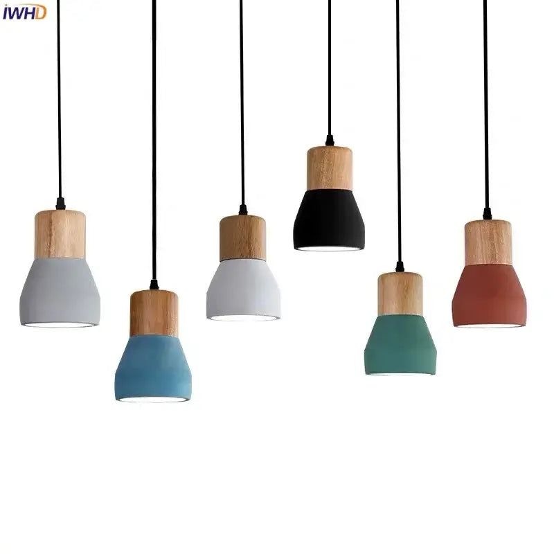 Set of modern ceramic and wood pendant lamps with assorted matte ceramic shades for living room decorbites cement led style