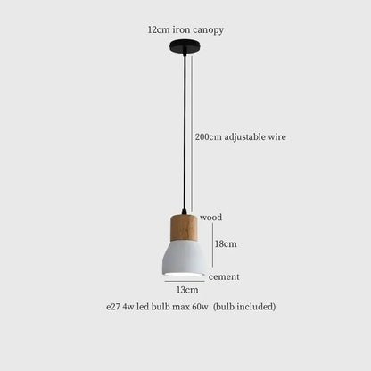 Minimalist pendant lamp with matte white cement led shade, natural wood collar, and black iron canopy for modern decorbites decor