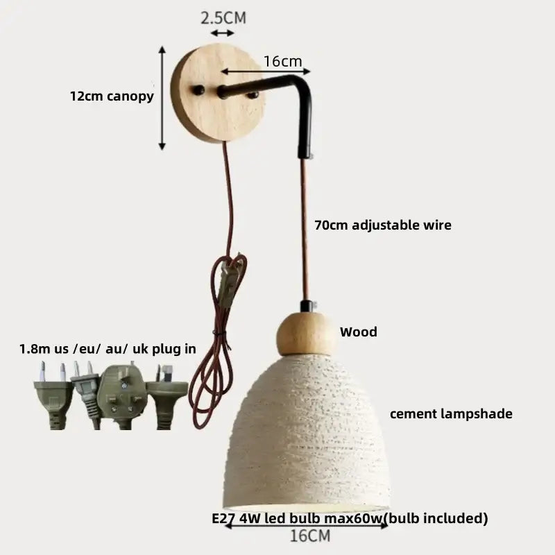 Modern ceramic bell wall lamp with off-white cement led shade, circular wooden canopy, and black adjustable wire decorbites wall lamp