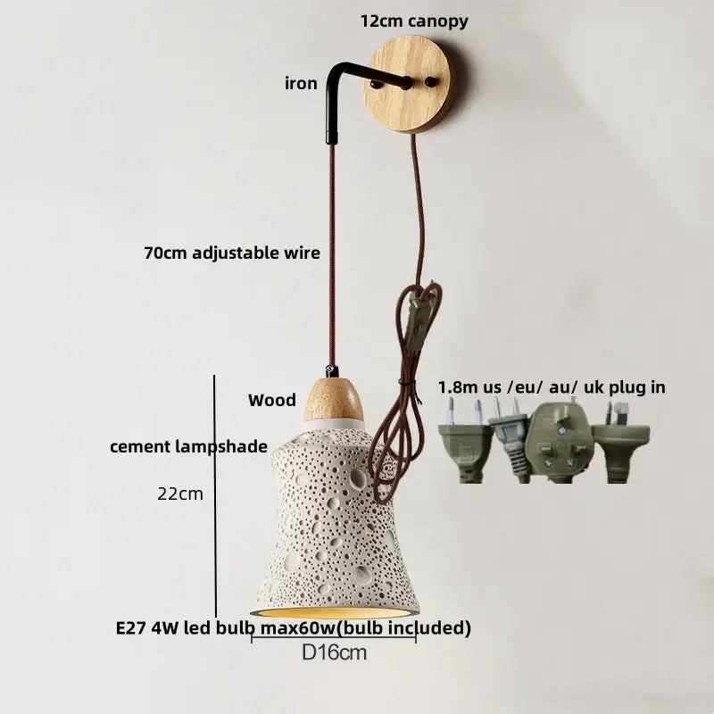 Modern ceramic bell wall lamp with pull chain switch featuring a white decorbites cement led textured lampshade