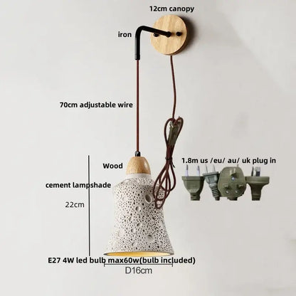 Modern ceramic bell wall lamp with pull chain switch featuring a white decorbites cement led textured lampshade