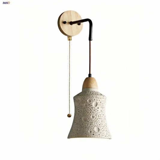 Modern ceramic bell wall lamp in white textured ceramic with wooden base and black metal arm for bedroom decorbites cement led
