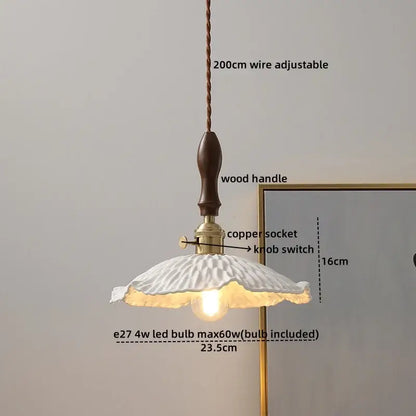 Modern ceramic led pendant light off-white with fluted ceramic shade dark wood handle and brass accents for dining room decorbites ceramic led