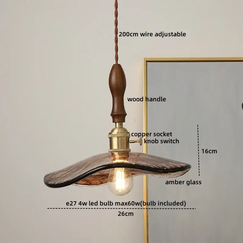 Modern ceramic led pendant light with warm amber glass, wooden handle, copper socket, and adjustable 200cm wire decorbites ceramic led